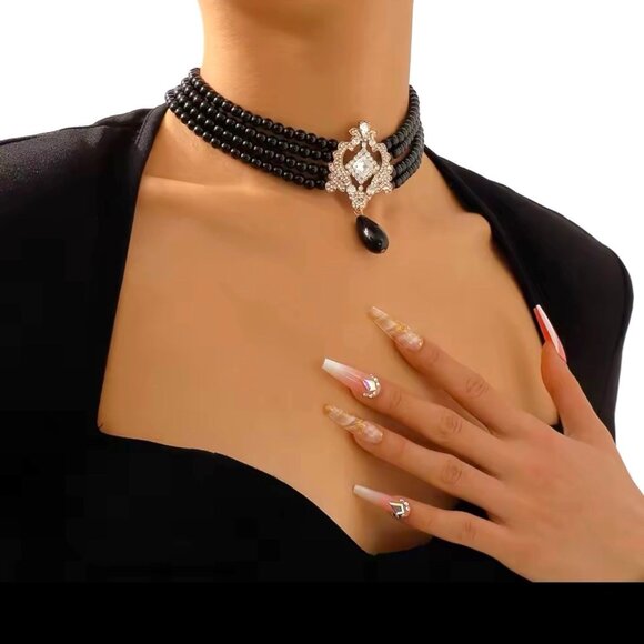 Unbranded Jewelry - Multilayer Pearl Cluster Bib Elegant Choker Necklace Crystal Black Pearls